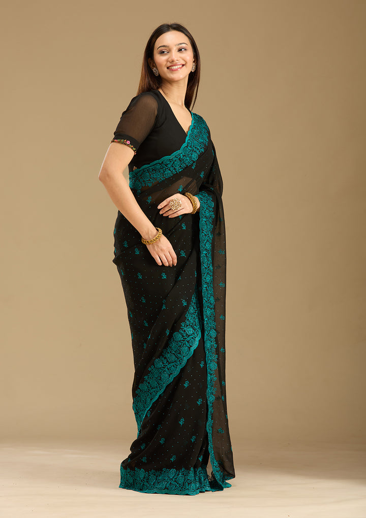 Black Threadwork Georgette Saree