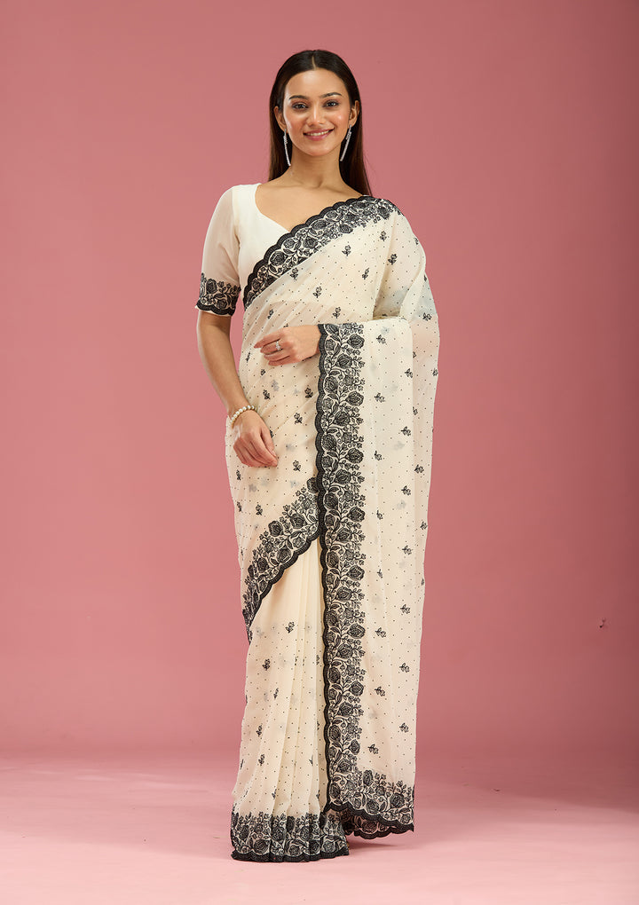 Cream Threadwork Georgette Saree