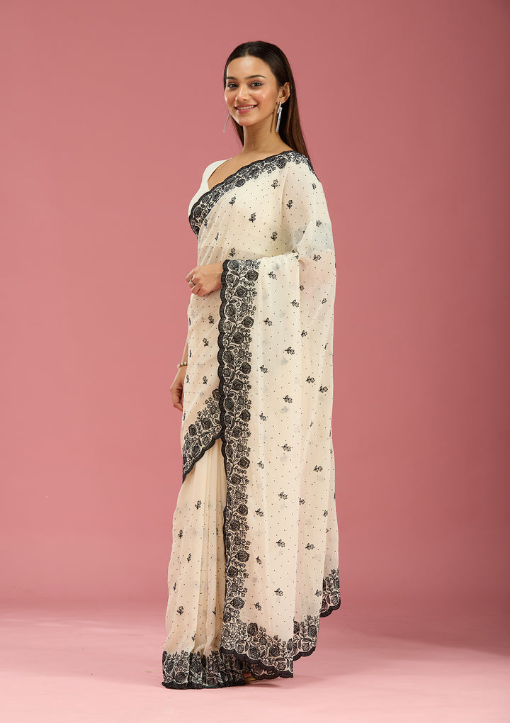 Cream Threadwork Georgette Saree