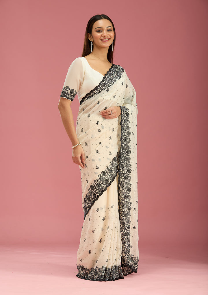 Cream Threadwork Georgette Saree