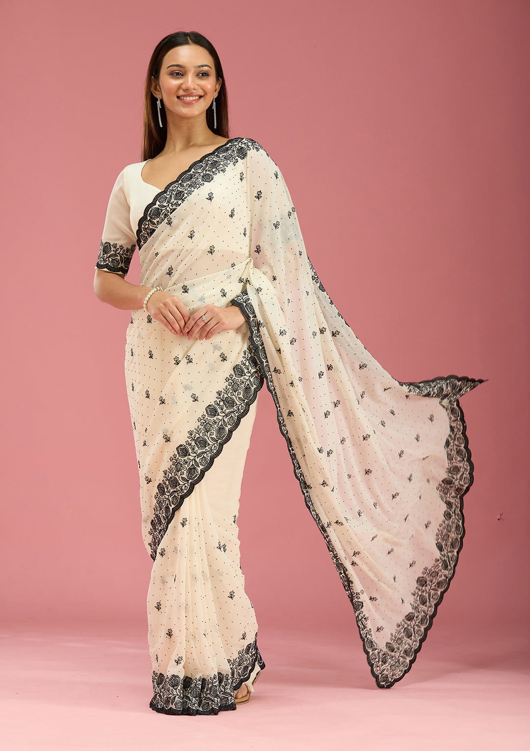 Cream Threadwork Georgette Saree