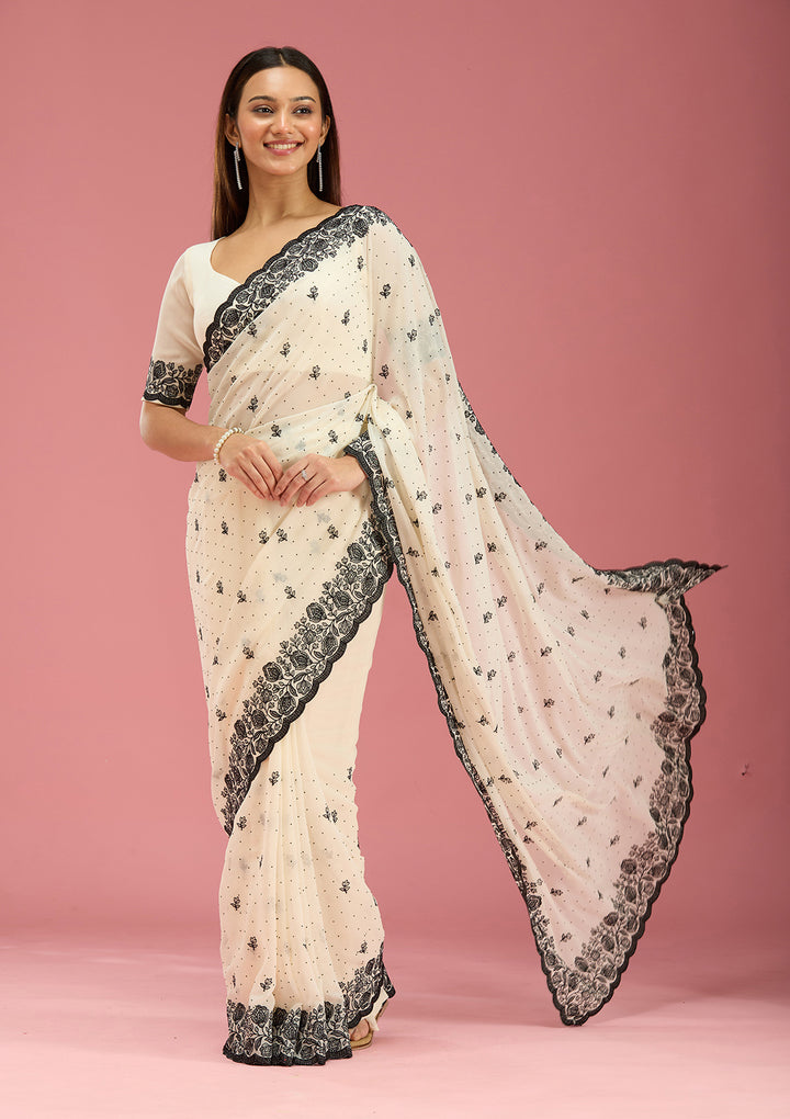 Cream Threadwork Georgette Saree