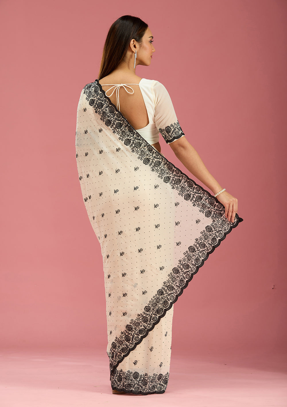 Cream Threadwork Georgette Saree