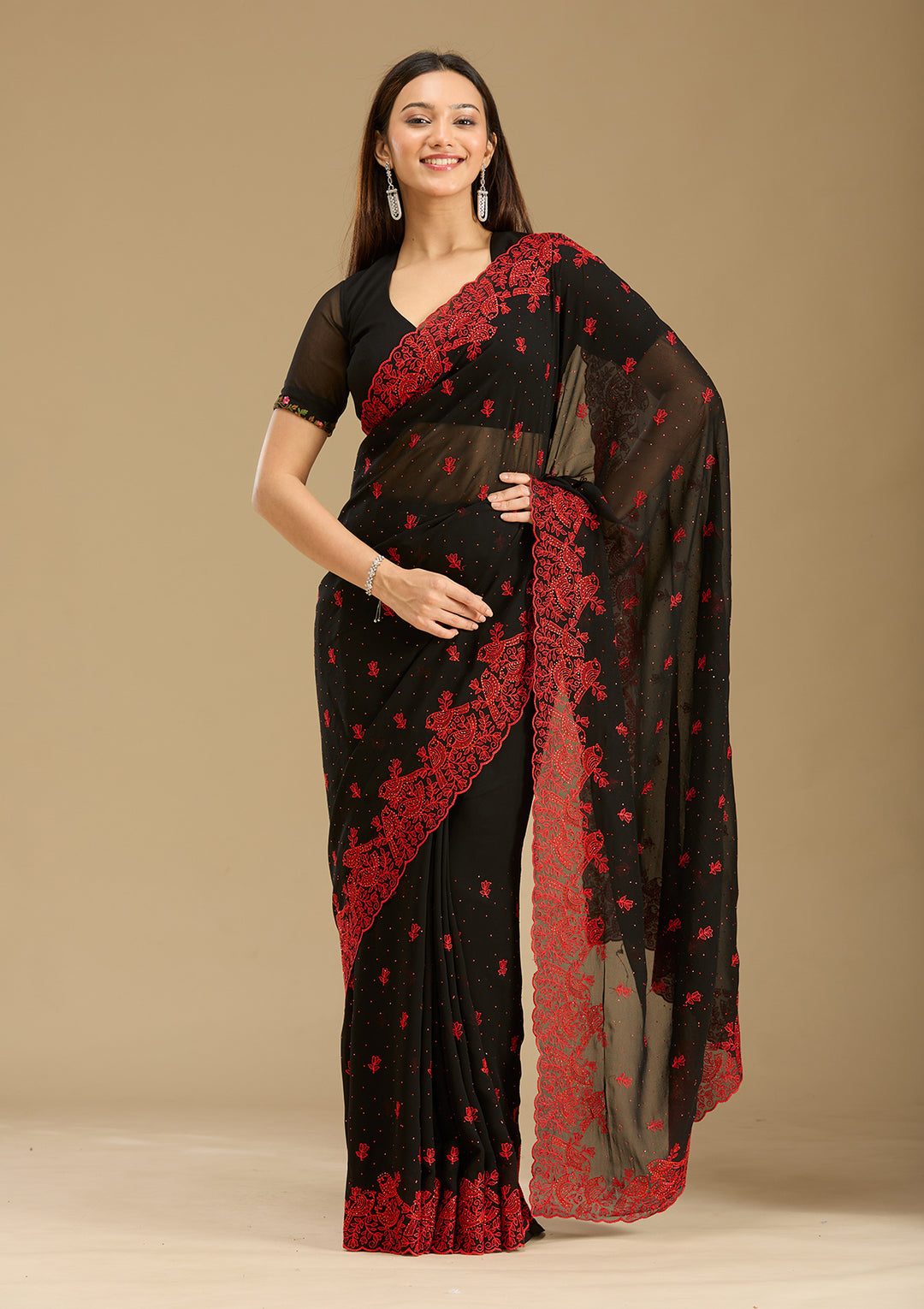 Black Threadwork Georgette Saree