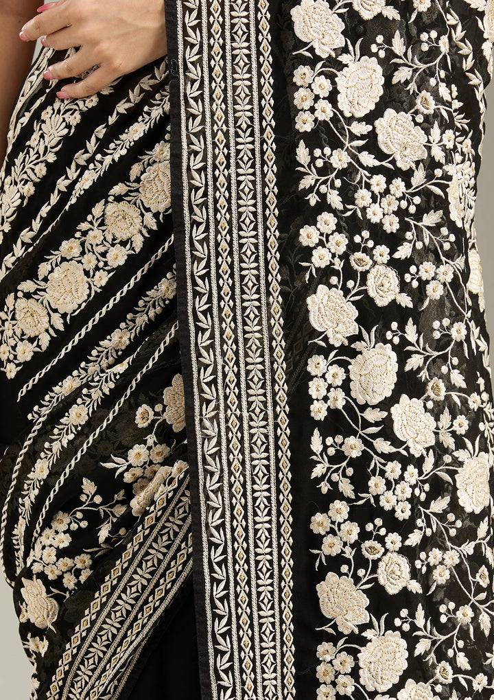 Black Threadwork Georgette Saree