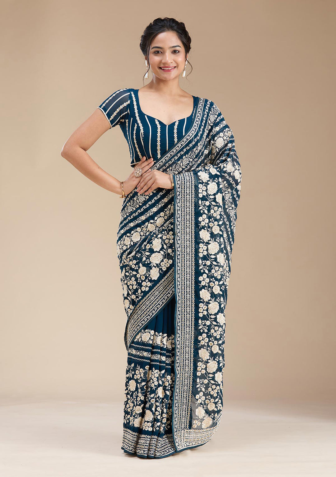 Peacock Blue Threadwork Georgette Saree