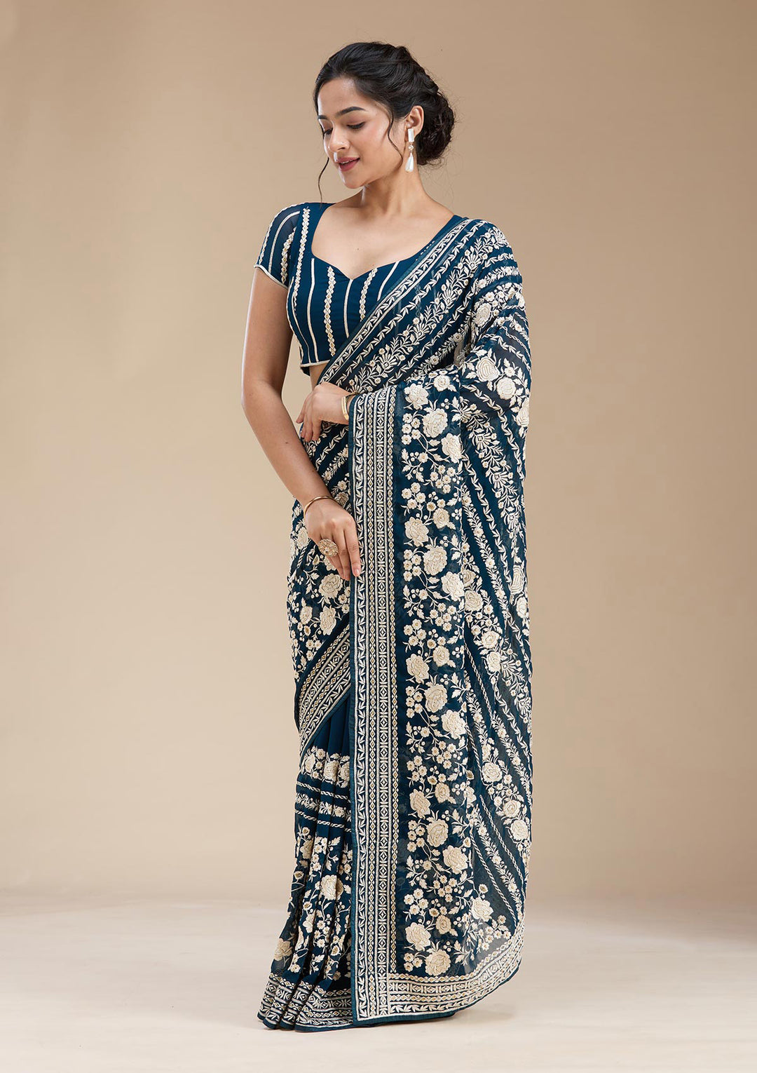 Peacock Blue Threadwork Georgette Saree