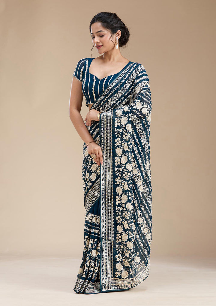 Peacock Blue Threadwork Georgette Saree