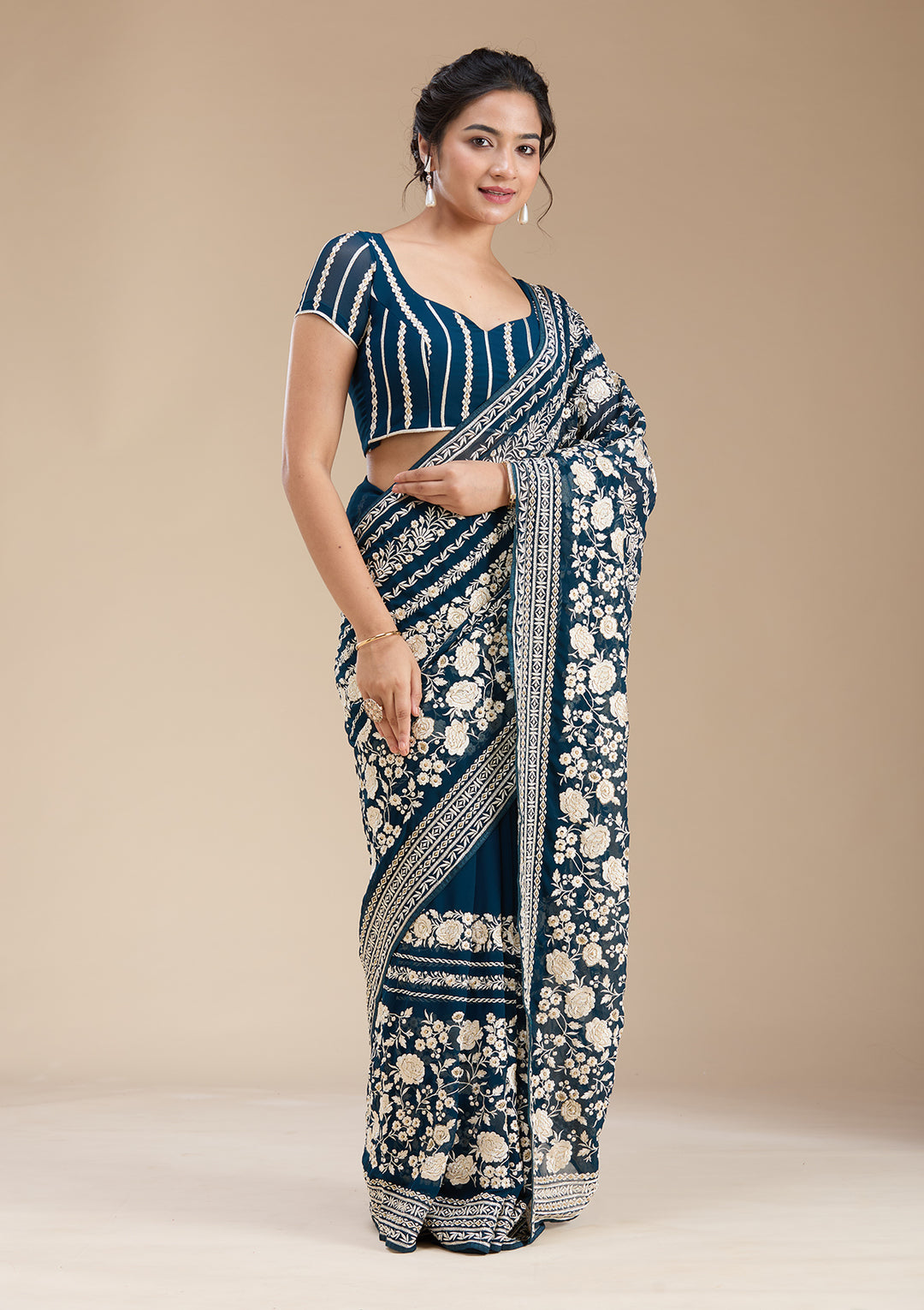 Peacock Blue Threadwork Georgette Saree