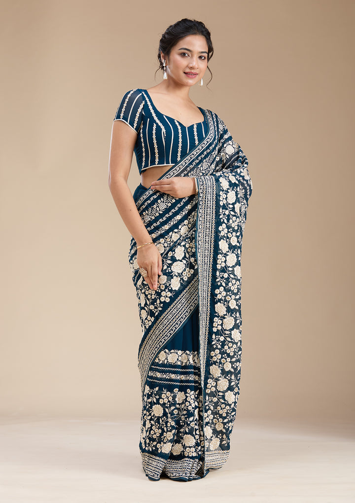 Peacock Blue Threadwork Georgette Saree