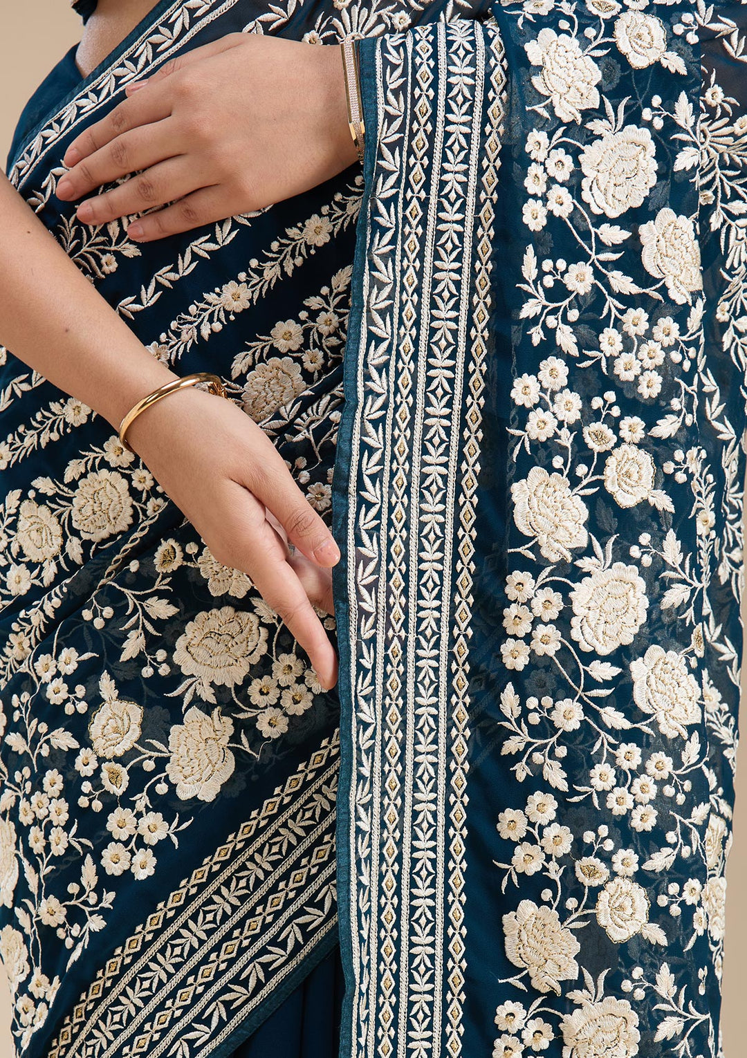 Peacock Blue Threadwork Georgette Saree