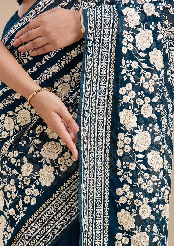 Peacock Blue Threadwork Georgette Saree