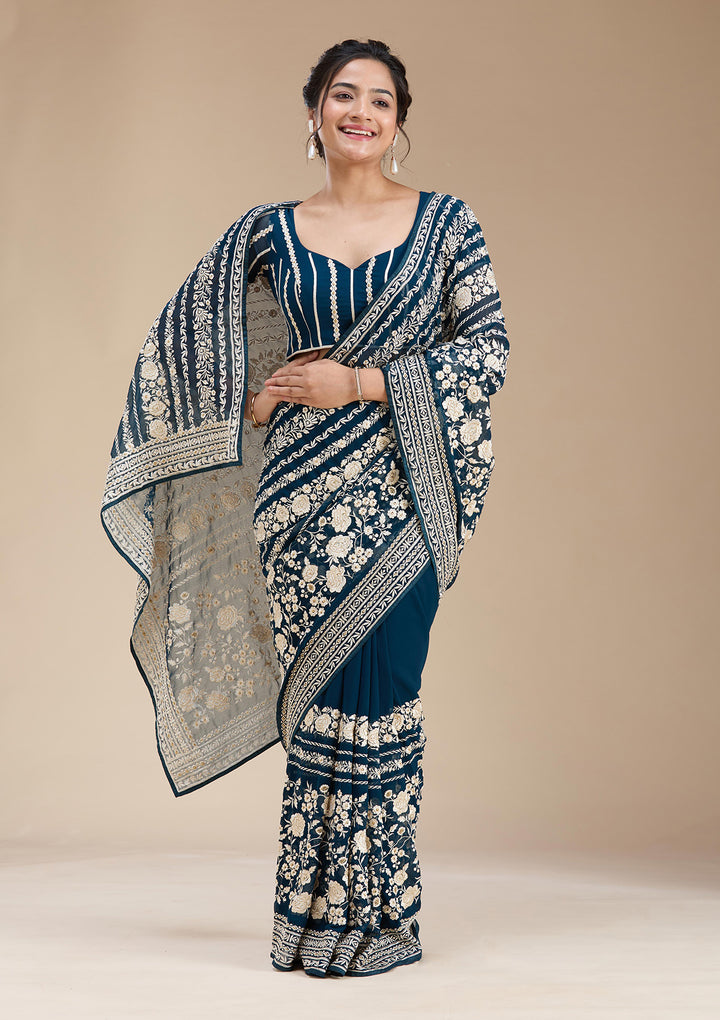 Peacock Blue Threadwork Georgette Saree