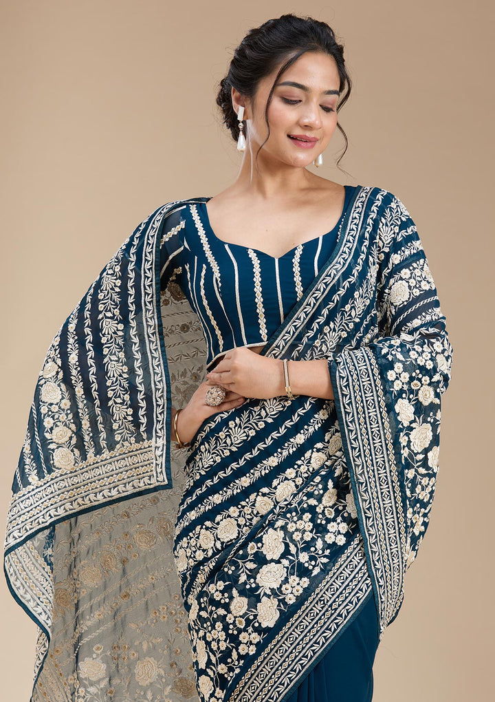 Peacock Blue Threadwork Georgette Saree