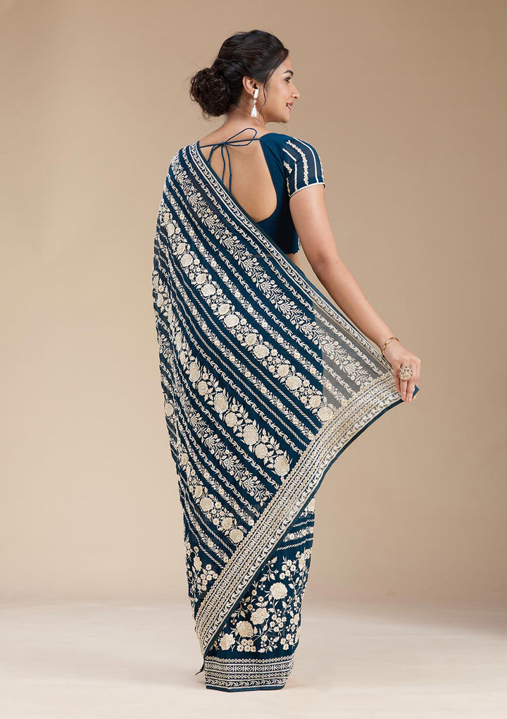 Peacock Blue Threadwork Georgette Saree