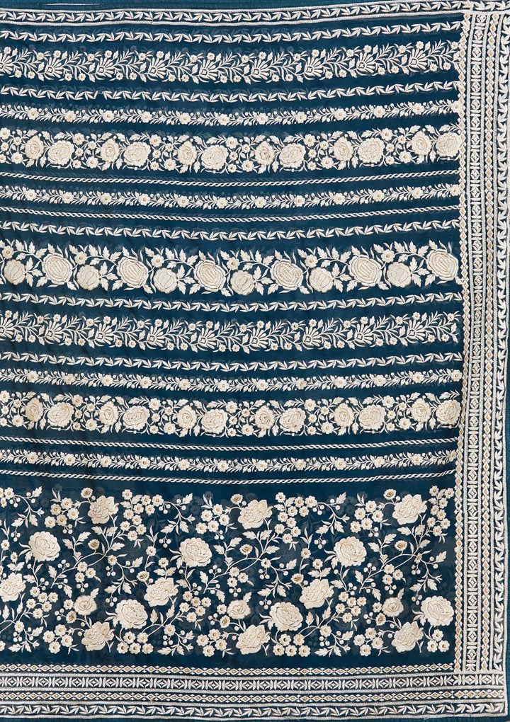Peacock Blue Threadwork Georgette Saree