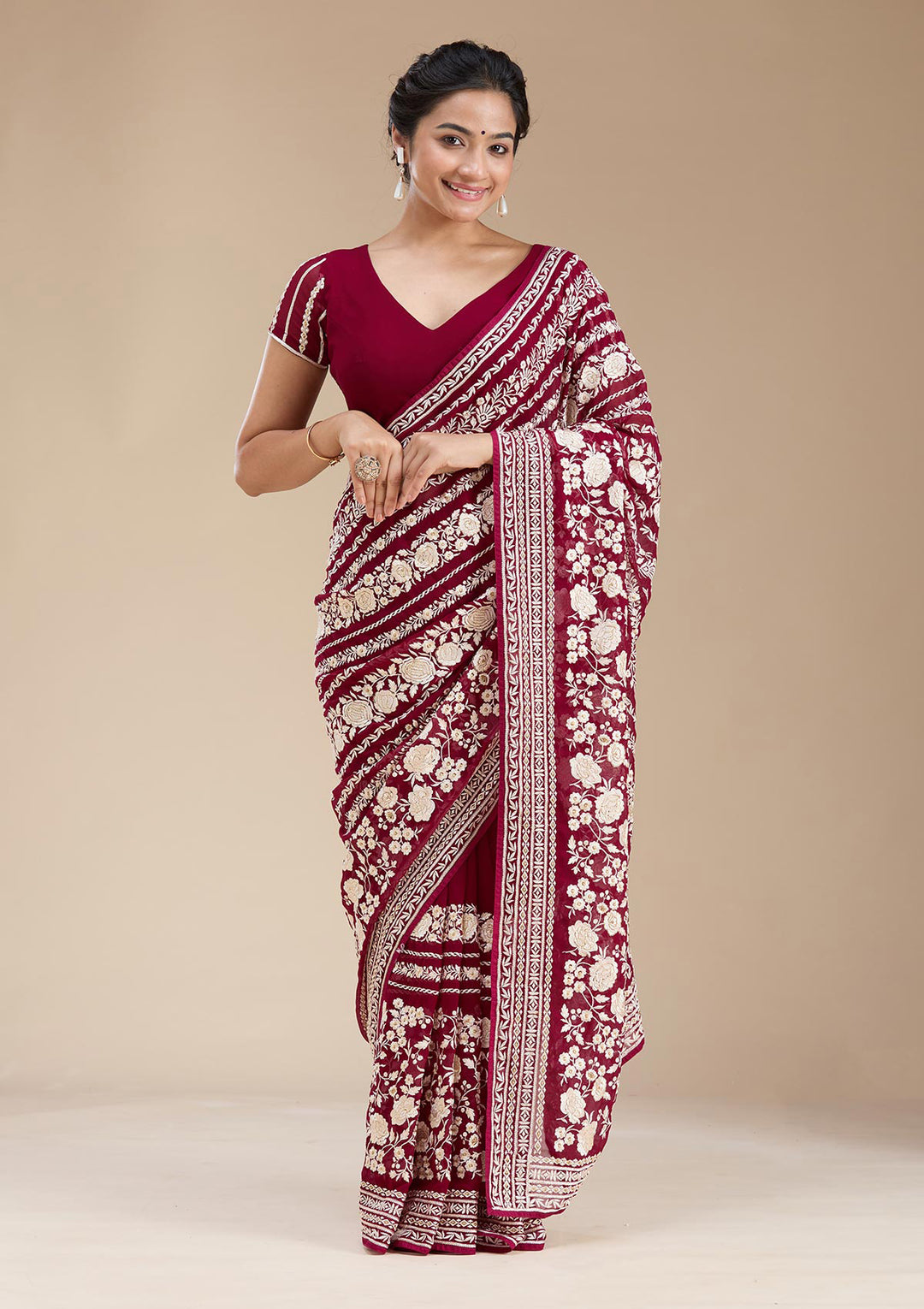 Wine Threadwork Georgette Saree