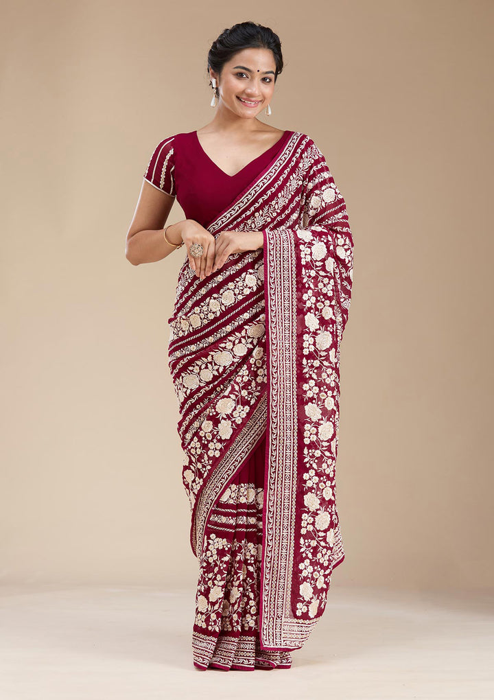 Wine Threadwork Georgette Saree