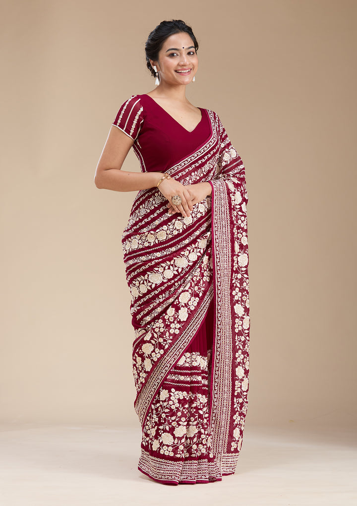 Wine Threadwork Georgette Saree