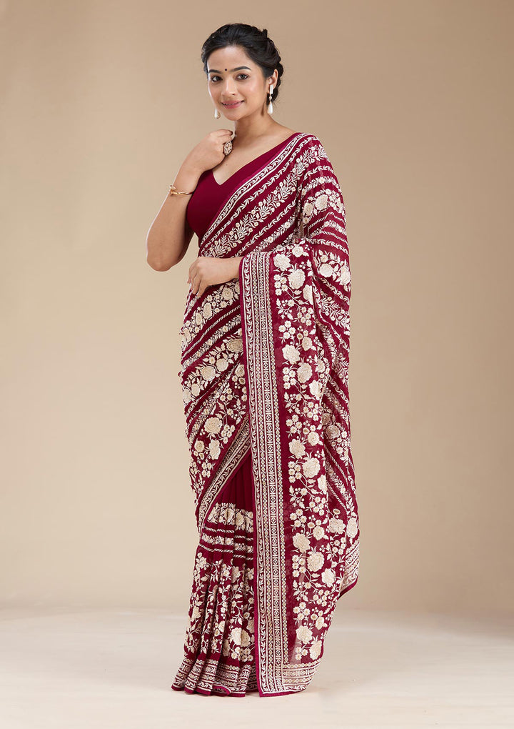 Wine Threadwork Georgette Saree