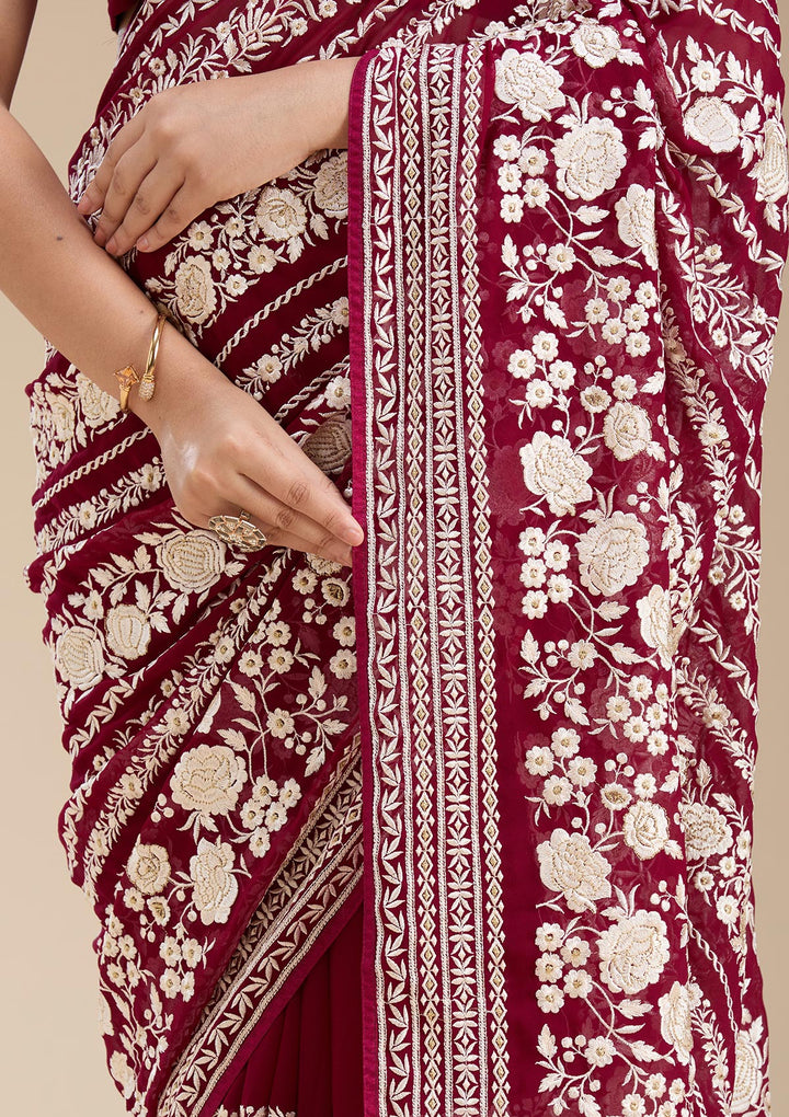 Wine Threadwork Georgette Saree