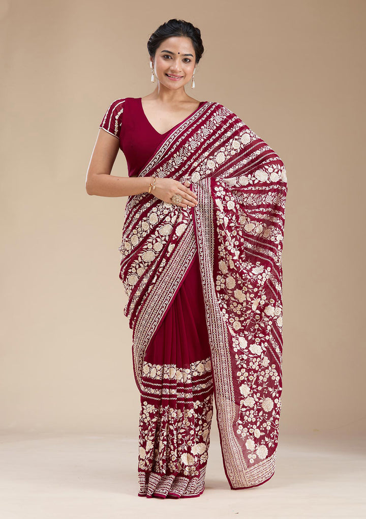 Wine Threadwork Georgette Saree