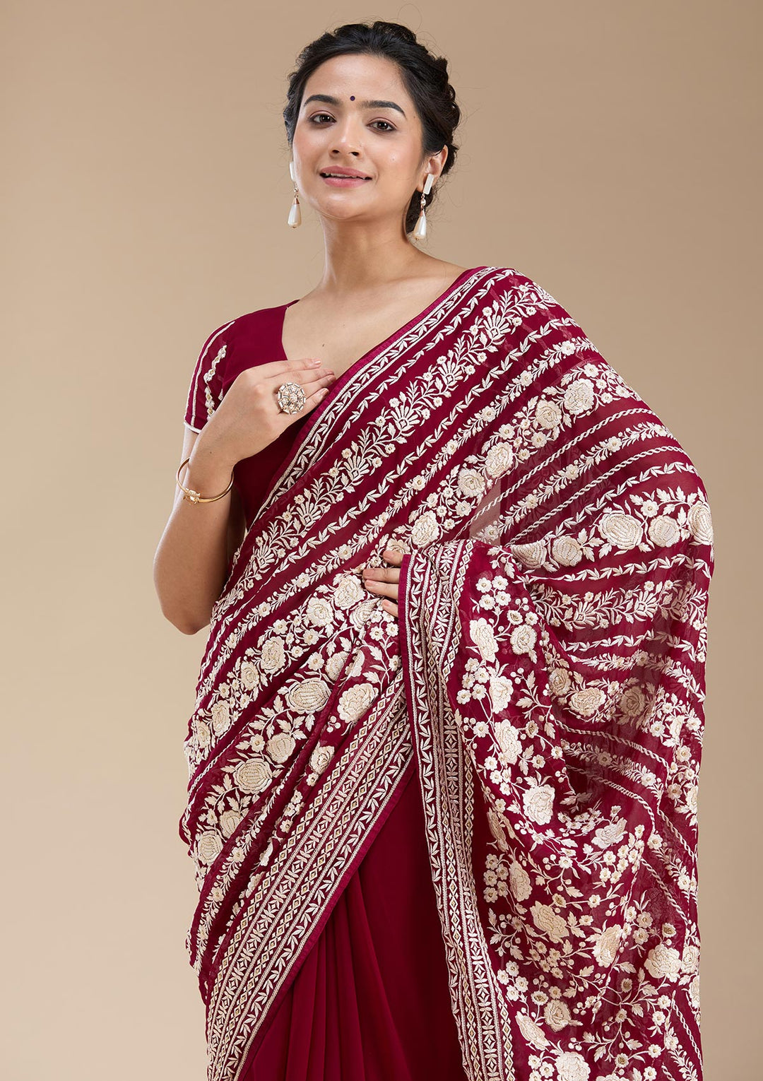 Wine Threadwork Georgette Saree