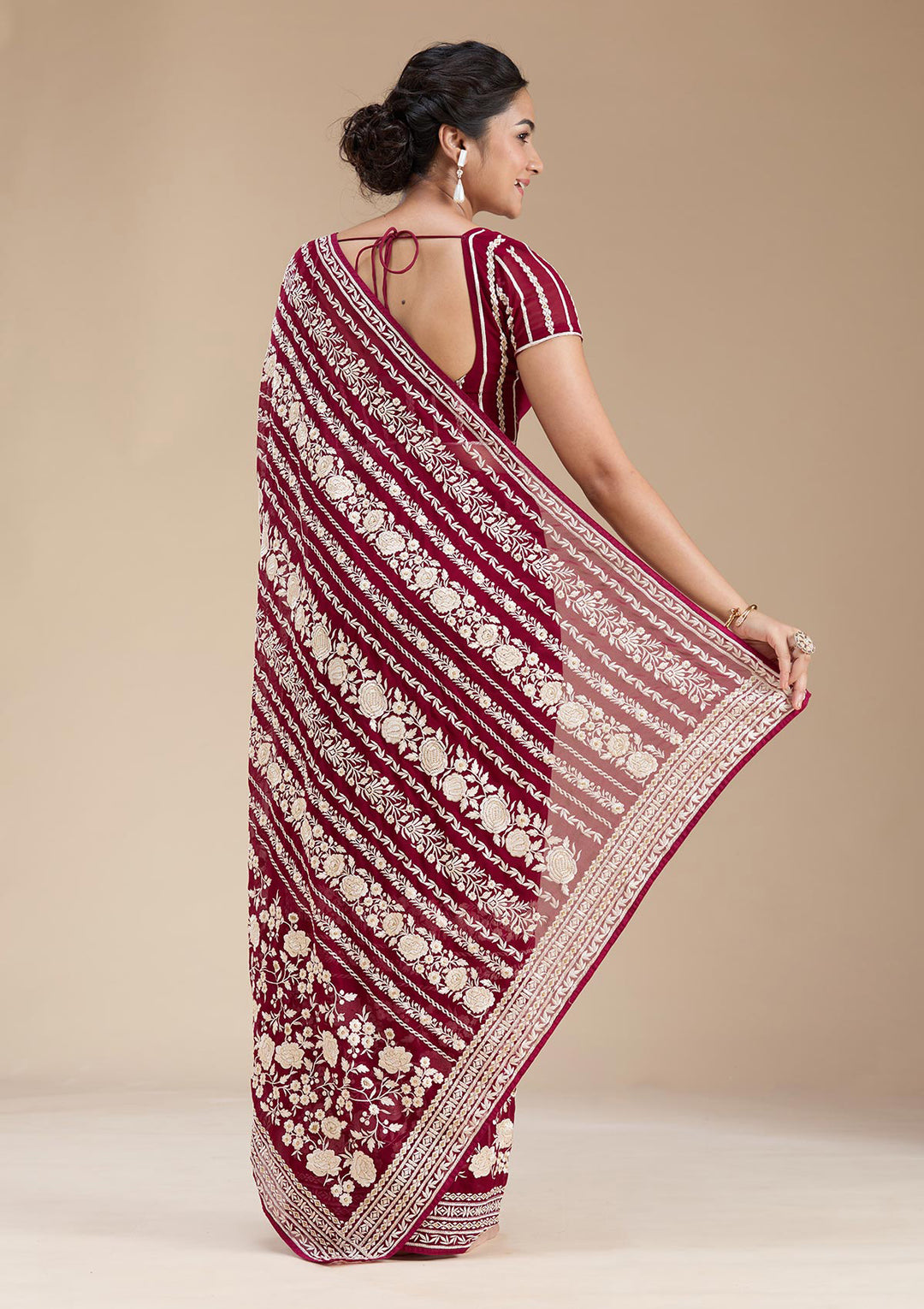 Wine Threadwork Georgette Saree