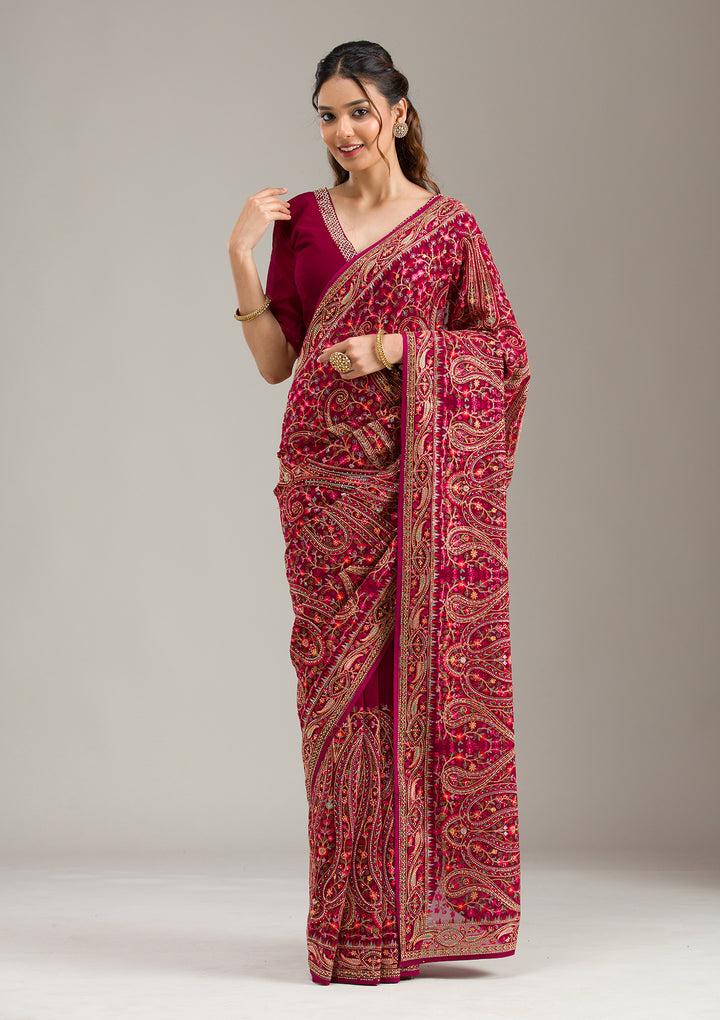 Wine Threadwork Georgette Saree