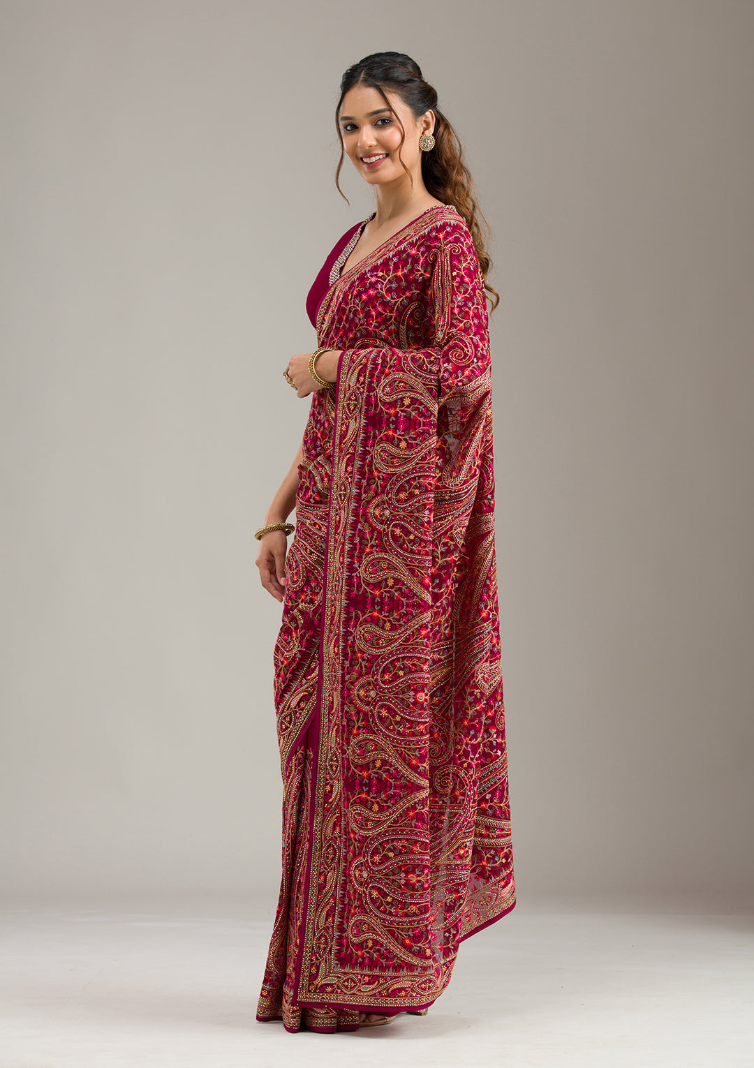 Wine Threadwork Georgette Saree