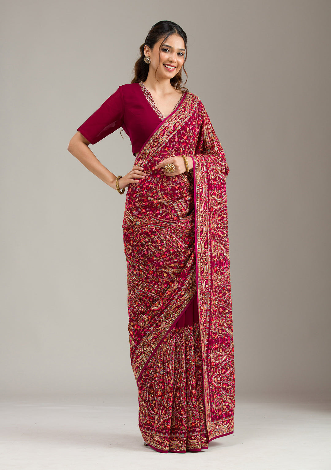 Wine Threadwork Georgette Saree