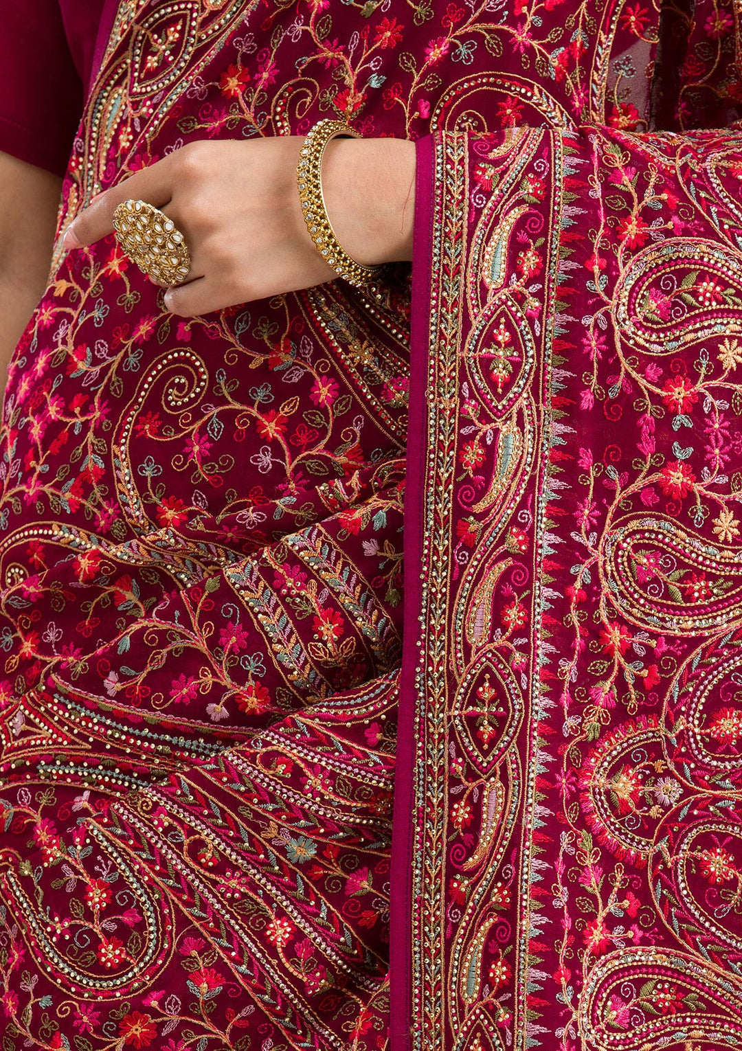 Wine Threadwork Georgette Saree
