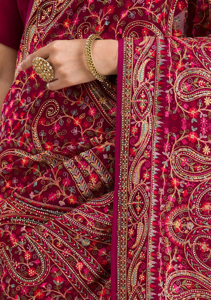 Wine Threadwork Georgette Saree