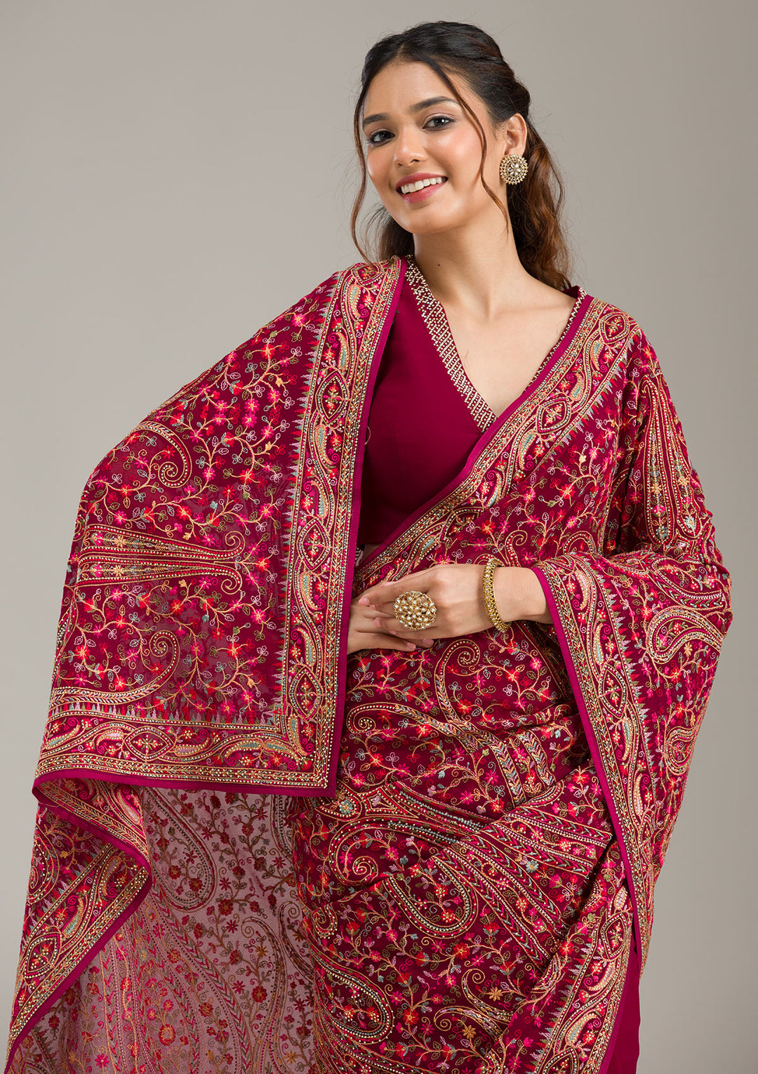 Wine Threadwork Georgette Saree