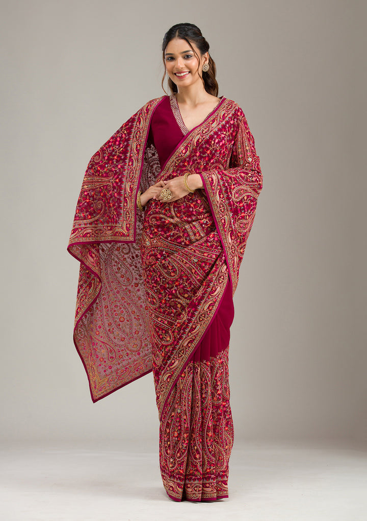 Wine Threadwork Georgette Saree