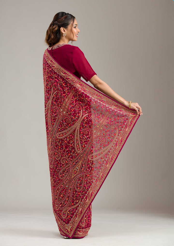 Wine Threadwork Georgette Saree