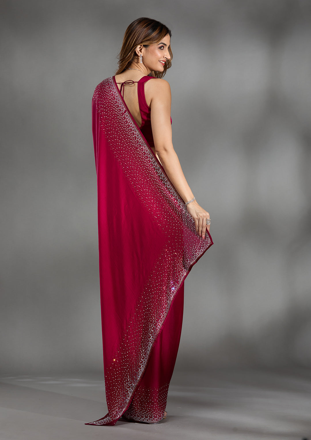 Rani Pink Stonework Chiffon Saree