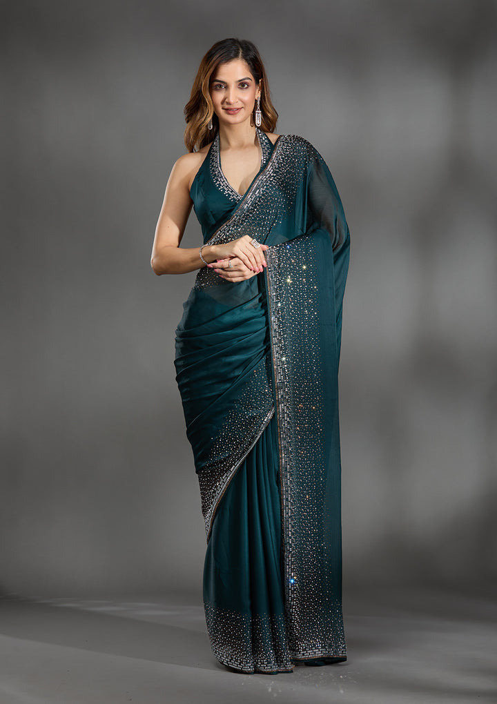 Teal Green Stonework Chiffon Saree