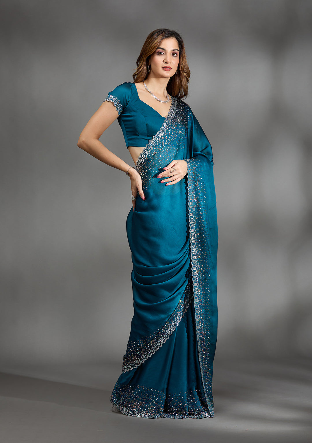 Peacock Blue Stonework Chiffon Saree