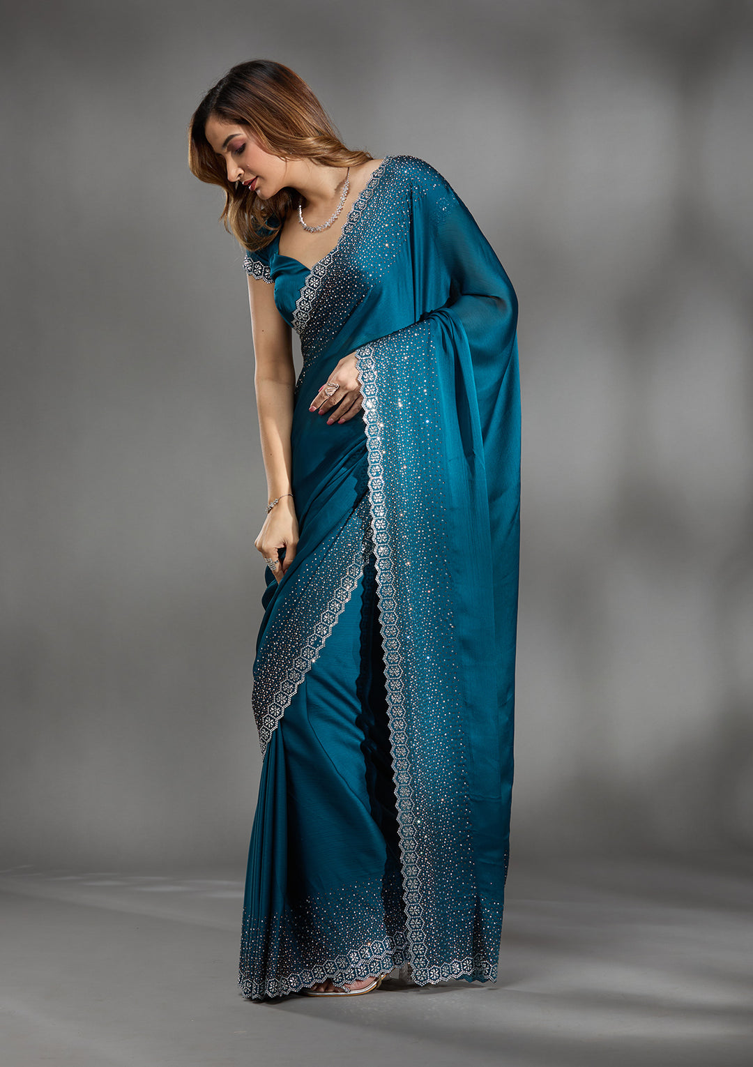 Peacock Blue Stonework Chiffon Saree