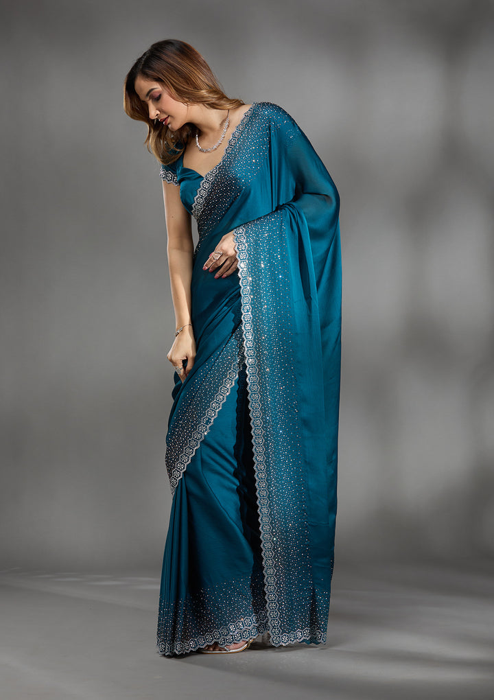 Peacock Blue Stonework Chiffon Saree