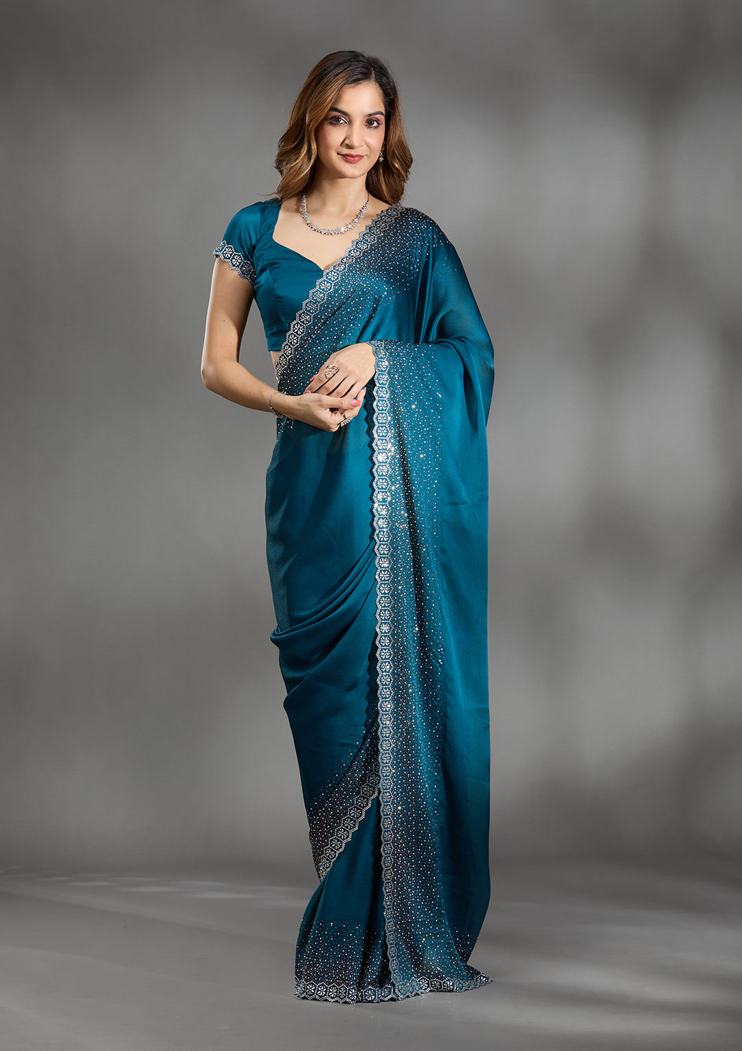 Peacock Blue Stonework Chiffon Saree