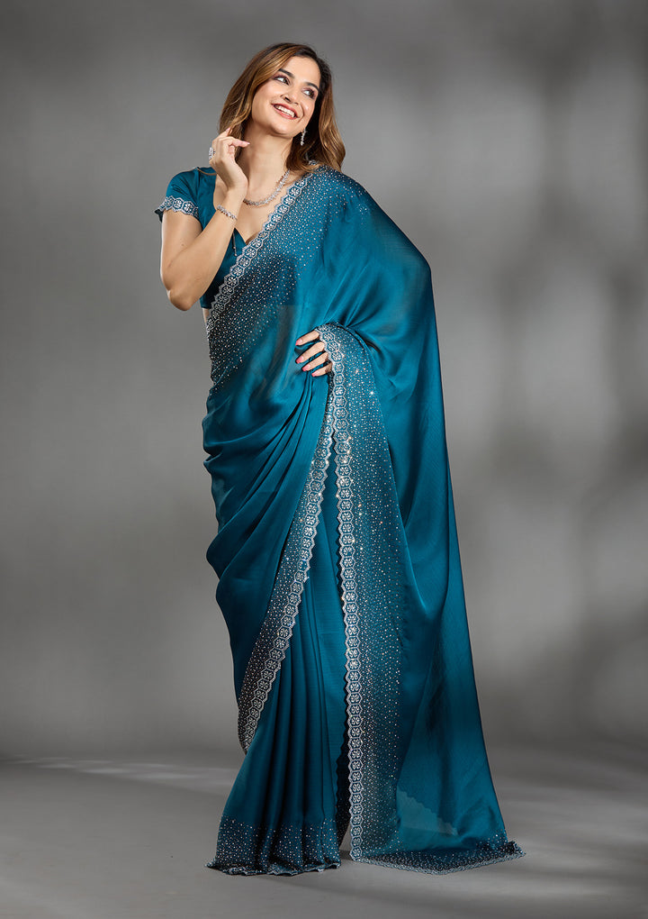 Peacock Blue Stonework Chiffon Saree