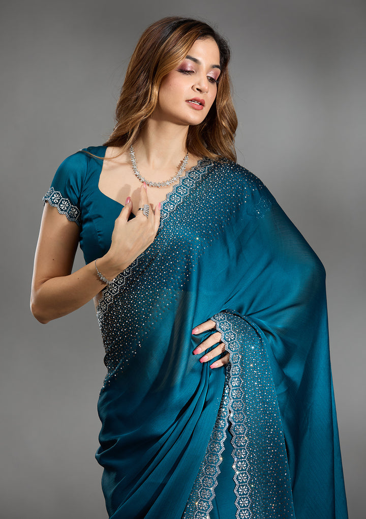 Peacock Blue Stonework Chiffon Saree