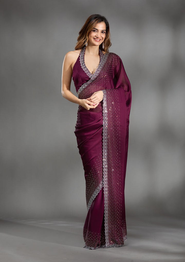 Wine Stonework Chiffon Saree