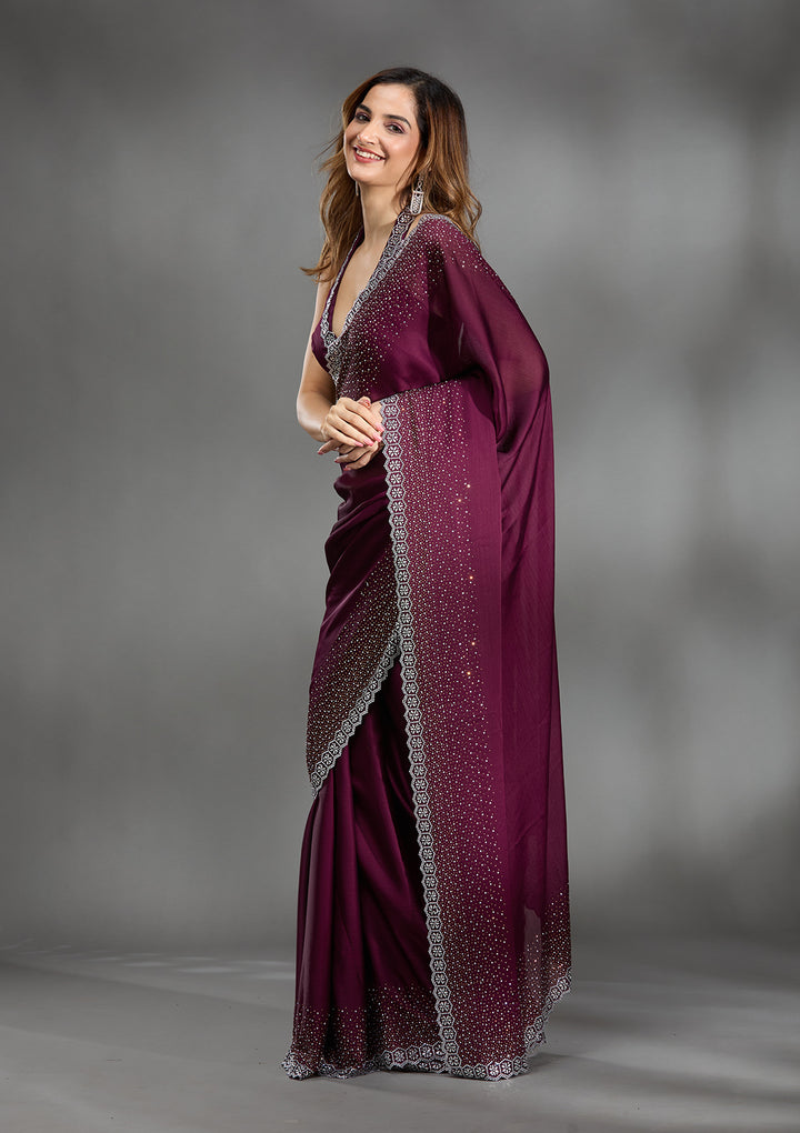 Wine Stonework Chiffon Saree