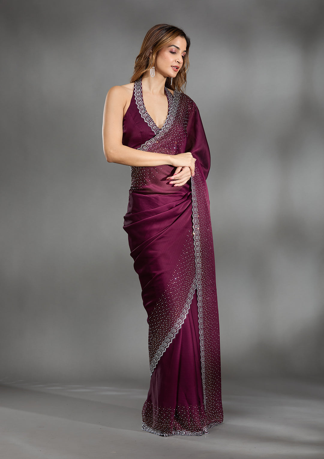 Wine Stonework Chiffon Saree