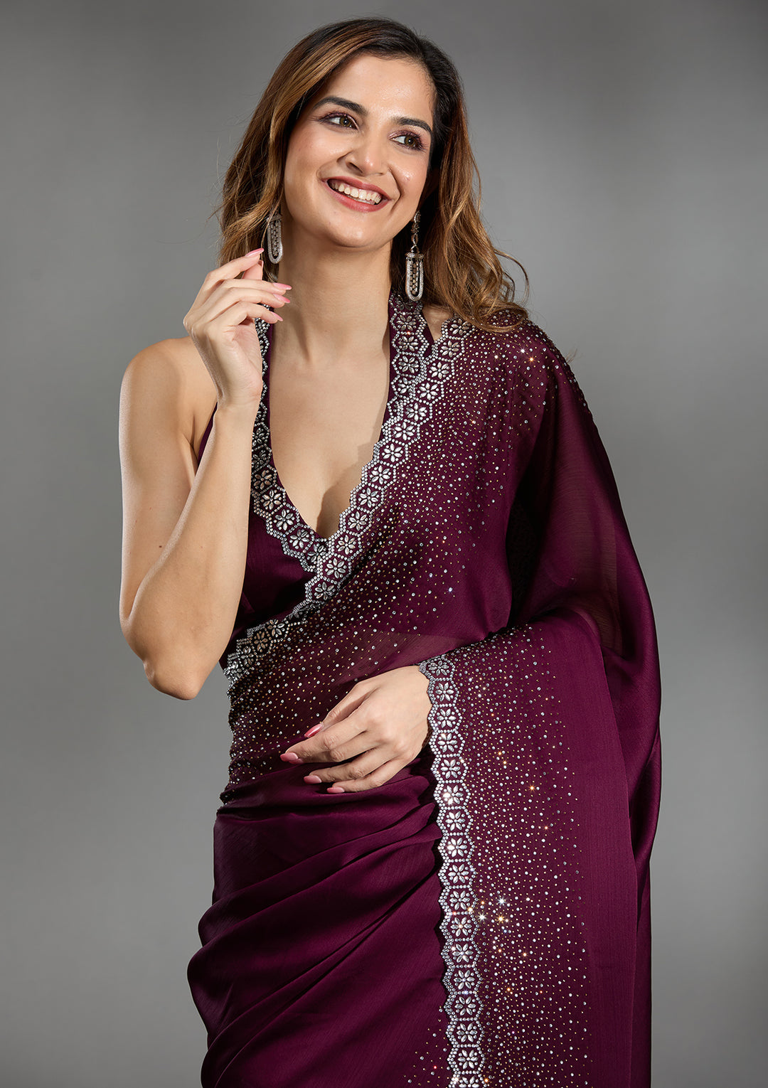 Wine Stonework Chiffon Saree