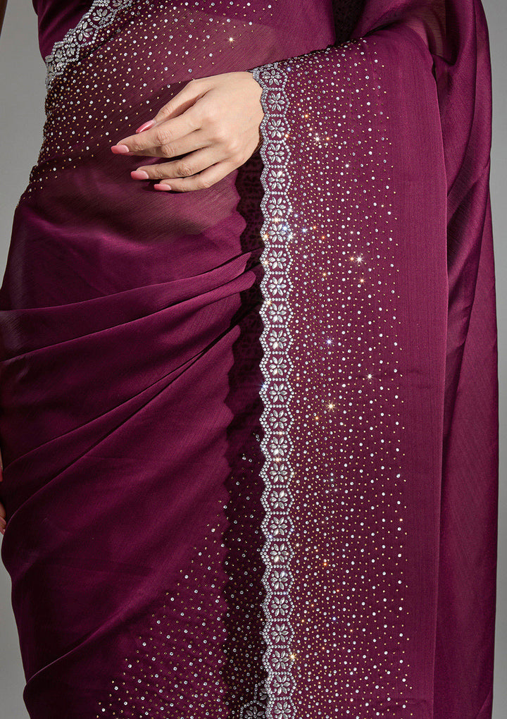 Wine Stonework Chiffon Saree