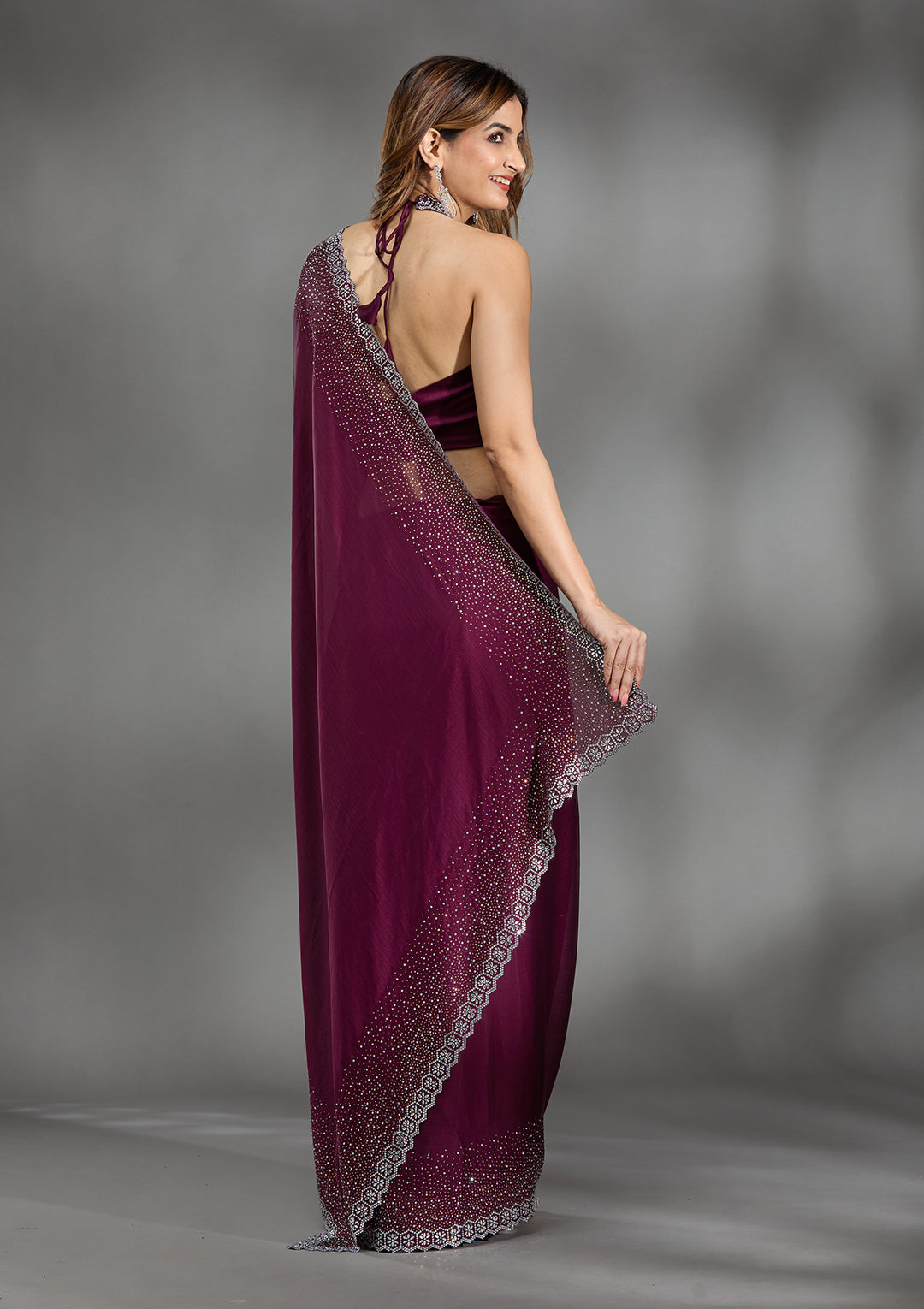 Wine Stonework Chiffon Saree